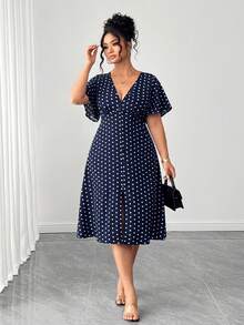 Elenzga Große Größen Kleid mit Polka Punkt Muster, V-Ausschnitt und Kurzarm - marineblau - Übersicht 6