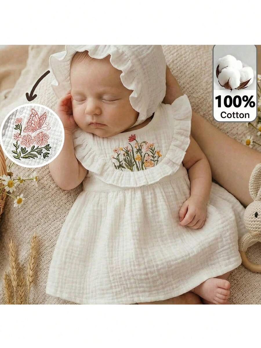 Loomiva Newborn Baby Girl Floral Print Square Neck Ruffle Trim Waist Dress,Kids - Multicolor - View 1