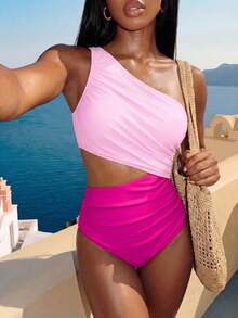 Vaytide 女士度假拼色无袖性感连体泳衣 - 玫紅色 - 查看 2