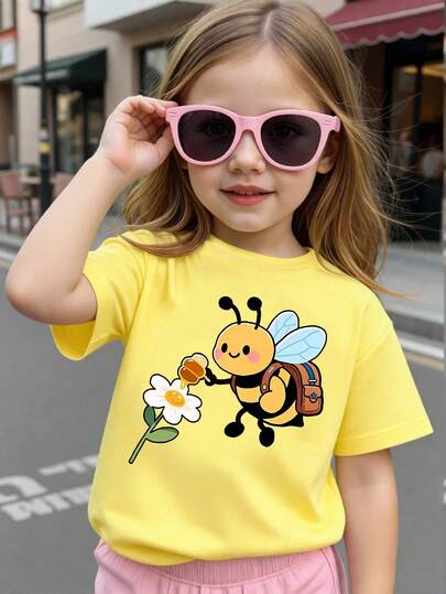 Infant & Baby GirlCasual Fashionable Creative Cute Bee & Floral Graphic Print Short Sleeve T-Shirt, Comfortable Daily Wear For Spring, Summer & Autumn