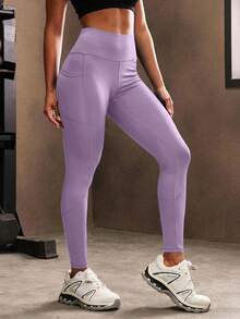 Powerista Quần legging nữ dáng ôm, màu trơn, cạp cao, phối nhiều túi. - Màu tím - Xem 6