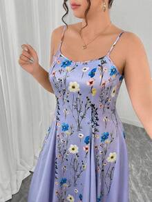 Elenzga Plus Size Watercolor Floral Print Crew Neck A-Line Asymmetric Hem Slip Dress, Elegant For Valentine's Day Outing, Party, Afternoon Tea, Vacation - Mauve Purple - View 4