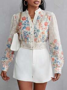 Aveloria Rosie Random Printed Long Sleeve Blouse Button Up Shirt Women  - Multicolor - View 1