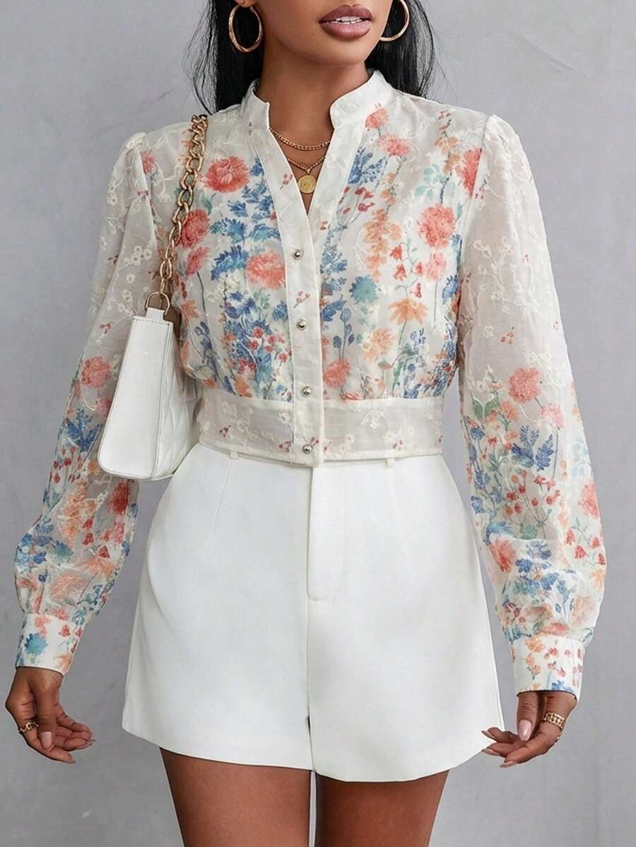 Aveloria Rosie Random Printed Long Sleeve Blouse Button Up Shirt Women  - Multicolor - View 1