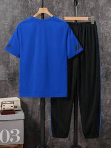 SHEIN 2件套青少年男童/青少年男童休闲日常舒适印花圆领宽松短袖T恤和印花撞色直筒针织裤套装 - 寶藍色 - 查看 2