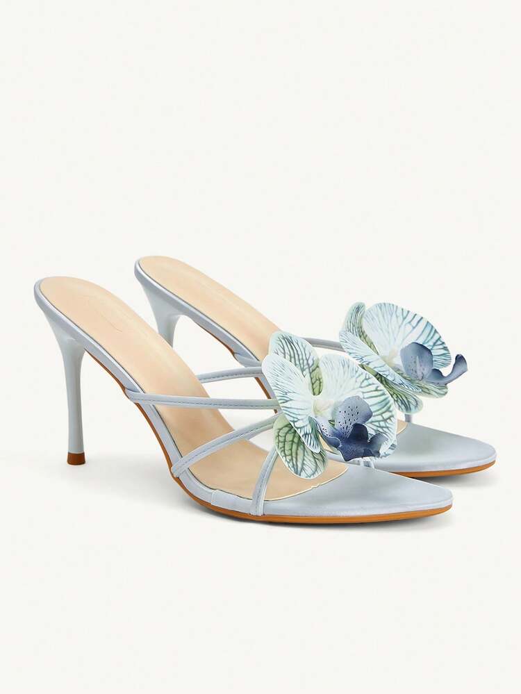CUCCOO CHICEST Summer New Light Blue Flower Thin Heel Pointed Fashion Women's High Heel Sandals