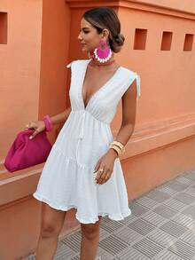 Selianne 1 pièce Robe décontractée pour les vacances et le travail, avec texture jacquard, volants décoratifs et taille cintrée, coupe évasée, pour le printemps/été - Blanc - Voir 4