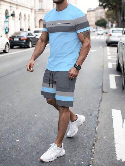 Manfinity Homme Men's Paris Inspired Striped Ombre Casual Crew Neck T-Shirt Set