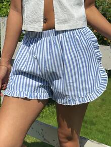 CovetEZ 休闲简约棉麻荷叶边运动短裤，适合夏季穿着 - 藍白色 - 查看 3