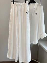 Franclia 新款复古休闲亚麻宽松抽绳长袖纯色小马刺绣直筒裤女士两件套套装