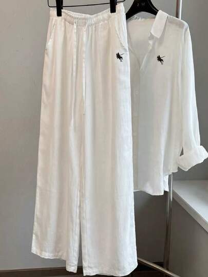 Franclia New Vintage Casual Linen Loose Drawstring Long Sleeve Solid Color Horse Embroidery Straight Leg Pants Women 2 Pieces Set