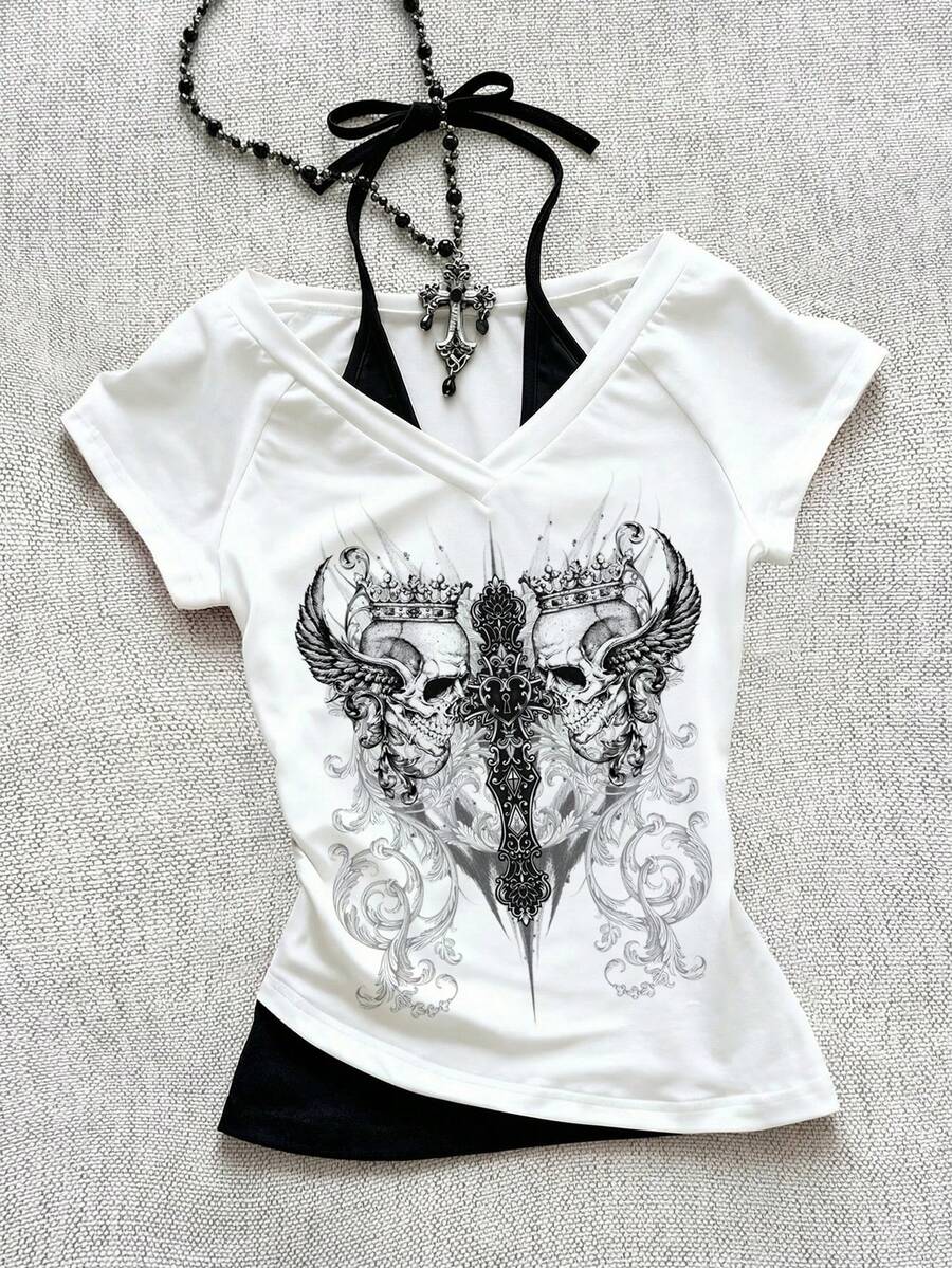 Attitoon 女士休闲复古V领露背系带撞色短袖T恤，适合夏季穿着 - 白色 - 查看 1