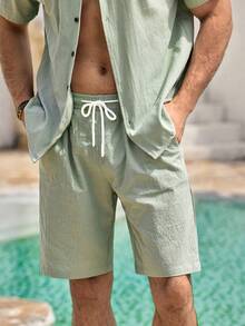 Mercer Haus 男士度假休闲纯色纽扣衬衫和短裤套装，男友礼物，舒适套装，适合夏季夏威夷热带度假。 - 薄荷綠 - 查看 5