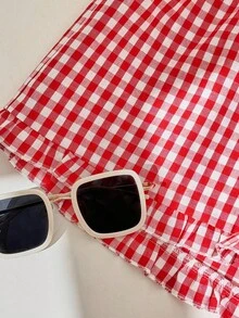 SHEIN Comfortcana Casual Cute White Bow Decor Plaid Ruffle Hem Shorts For Women, Suitable For Summer - Multicolor - View 4