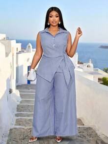 SOLERSUN 女士新款优雅条纹纽扣衬衫，休闲优雅条纹印花系带上衣搭配松紧腰长裤两件套，适合日常休闲穿着、旅行、海滩度假、晚宴、返校季、教师装、约会、情人节、新年、音乐节、嘉年华、婚礼季和宾客着装。性感、优雅、简约的女装 - 寶藍色 - 查看 1