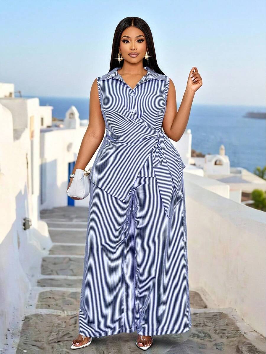 SOLERSUN 女士新款优雅条纹纽扣衬衫，休闲优雅条纹印花系带上衣搭配松紧腰长裤两件套，适合日常休闲穿着、旅行、海滩度假、晚宴、返校季、教师装、约会、情人节、新年、音乐节、嘉年华、婚礼季和宾客着装。性感、优雅、简约的女装 - 寶藍色 - 查看 1