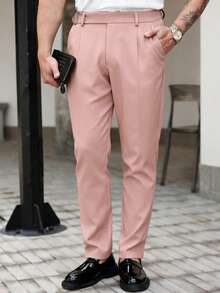 Manfinity CasualCool Men's Casual Solid Color Commuter Pants With Pockets For Ceremony - Pink - View 4