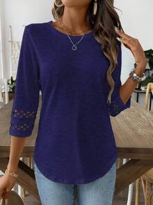 EMERY ROSE Women Solid Color Casual Crew Neck Hollow Out Sleeve Tee Graphic Tees Women Tops - Navy Blue - View 3