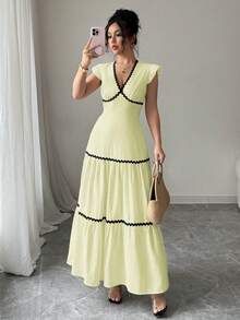 Rafferiza Đầm dáng chữ A, cổ chữ V, tay ngắn xếp bèo, viền tương phản, chất liệu vải dệt họa tiết, màu mơ, dành cho nữ, mùa xuân/hè. - Màu vàng - Xem 5