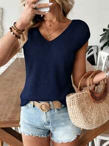 SHEIN Holidaya Áo thun nữ tay ngắn cổ chữ V màu mơ, lãng mạn, thanh lịch, thích hợp cho kỳ nghỉ và du lịch, có nơ đen phía sau, lý tưởng cho buổi hẹn hò ngày Valentine, đi biển, mẫu áo nữ xuân/hè mới, áo khoác ngoài xuyên thấu gợi cảm, áo thun tay ngắn dễ thương có nơ cho nữ, áo nữ mùa hè, áo kiểu dễ thương cho nữ, áo công sở hiện đại, áo nữ mới nhất, áo có nơ, áo cổ chữ V, áo không tay, áo màu xanh navy - Màu xanh hải quân - Xem 6