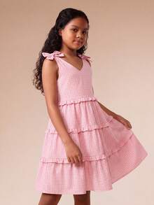 SUMWON Đầm midi xòe cổ chữ V màu hồng kẻ caro cho bé gái tuổi teen, có nơ ở vai, thích hợp cho các buổi tiệc mùa hè. - Hồng - Xem 4