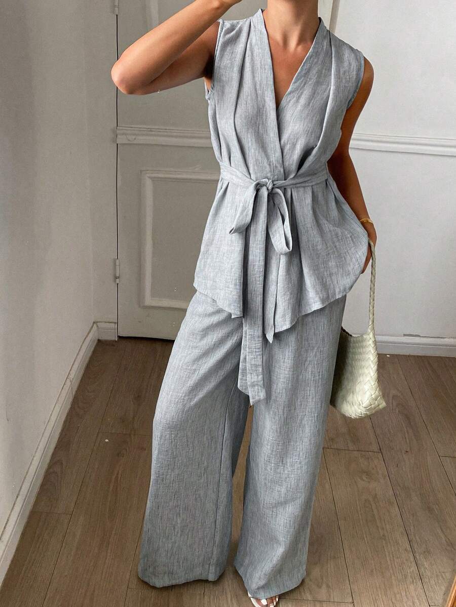 DAZY 女士夏季休闲通勤纯色背心和裤子两件套家居服套装 - 灰色 - 查看 1