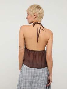 COUREZ Gebundenes transparentes Top / Y2K Sommerkleidung für Frauen, braune ärmellose Tops, Ausgehoutfit, Sommeroutfit, Konzertoutfit, Frühlingsoutfit für Frauen - Kaffeebraun - Übersicht 3