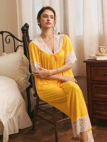 Conjunto de pijama holgado con cuello en V y ribete de encaje de color contrastante, elegante y romántico para mujer - Amarillo - Ver 6