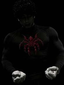 RISE LYT Áo thun thể thao dài tay màu đen dáng ôm, cổ đứng, in hình nhện dành cho nam, chất liệu co giãn. - màu đen - Xem 3