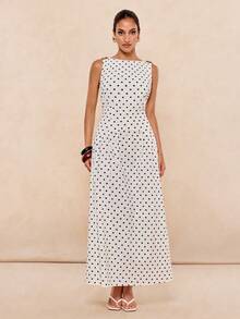 Lumalex 新款春夏纯棉波点印花无袖船领修身喇叭下摆连衣裙 - 黑與白 - 查看 8