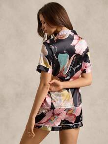 花卉印花贴袋撞色滚边缎面睡衣套装/睡衣套装 - 彩色 - 查看 2