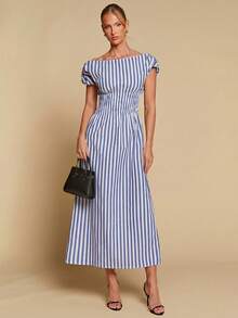 COSMINA Women's Elegant Striped Off Shoulder Cinched Waist Long Dress, Versatile For Commute And Everyday Wear, All Season - Blue and White - View 1