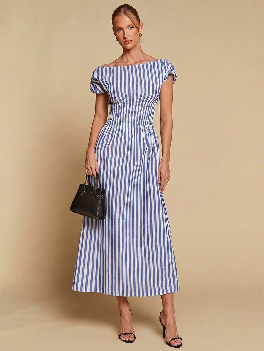 COSMINA Women's Elegant Striped Off Shoulder Cinched Waist Long Dress, Versatile For Commute And Everyday Wear, All Season - Blue and White - View 1