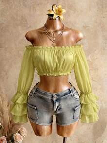 Mistrie 2026新款度假修身沙滩透明单肩褶皱夏季上衣，性感上衣 - 綠色 - 查看 5