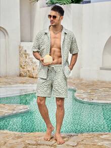 Men's Mint Green Botanical Collar Short Sleeve Woven Loose Fit Shirt Set, Casual, Button Front, Drawstring, Pocket, Summer/Spring/Fall, Matching Set Gift For Father/ Husband - Mint Green - View 3