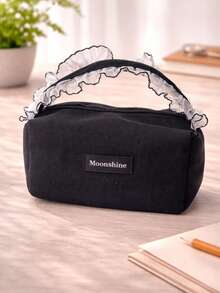 Joivida 1Pc/2Pcs Lace-Trimmed Canvas Cosmetic Bag, Portable Toiletry Bag, Travel Carry-On Bag. - Black - View 8