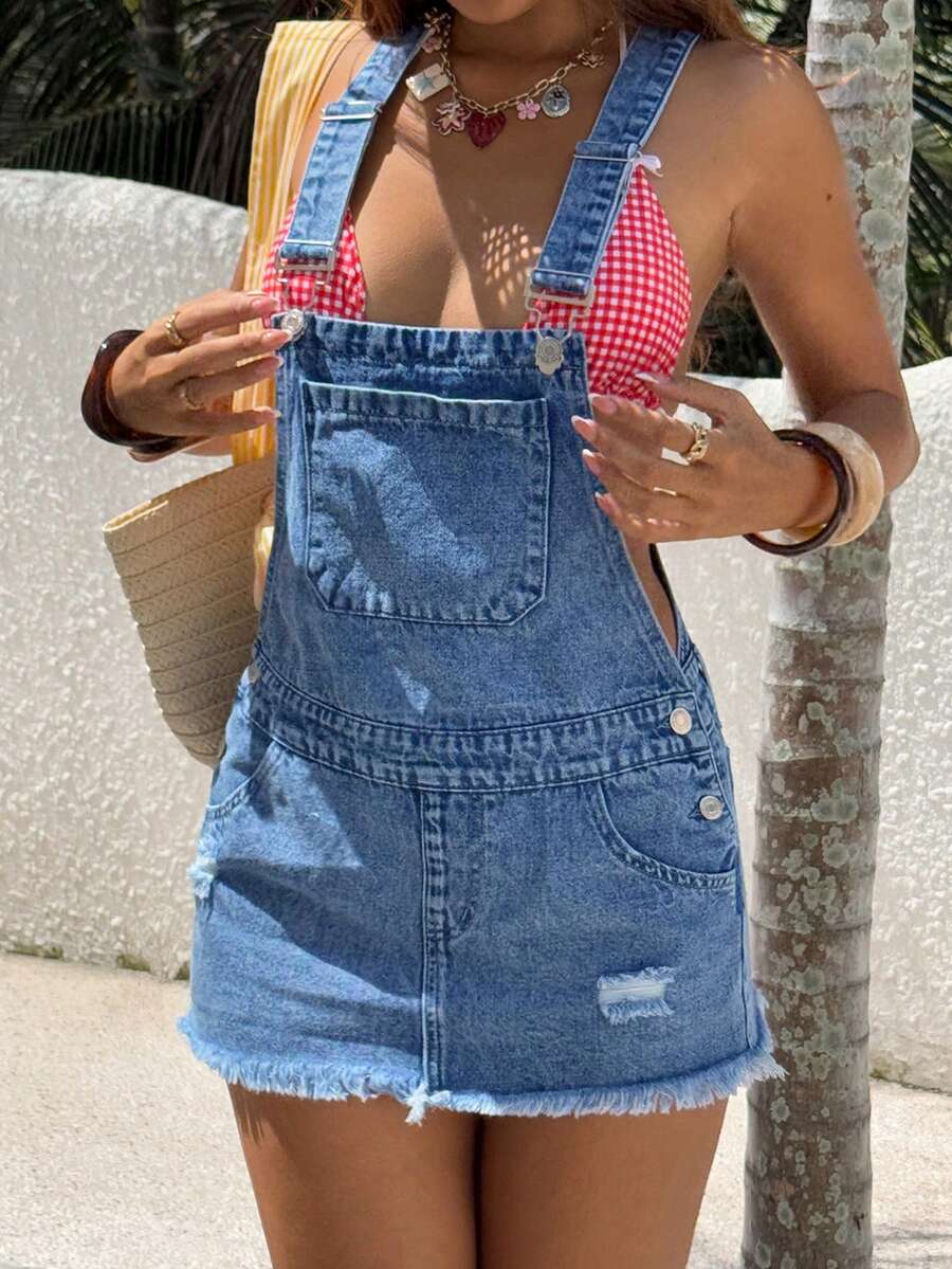 Rivivi 女士休闲百搭日常水洗牛仔背带裙 - 中等水洗藍 - 查看 1