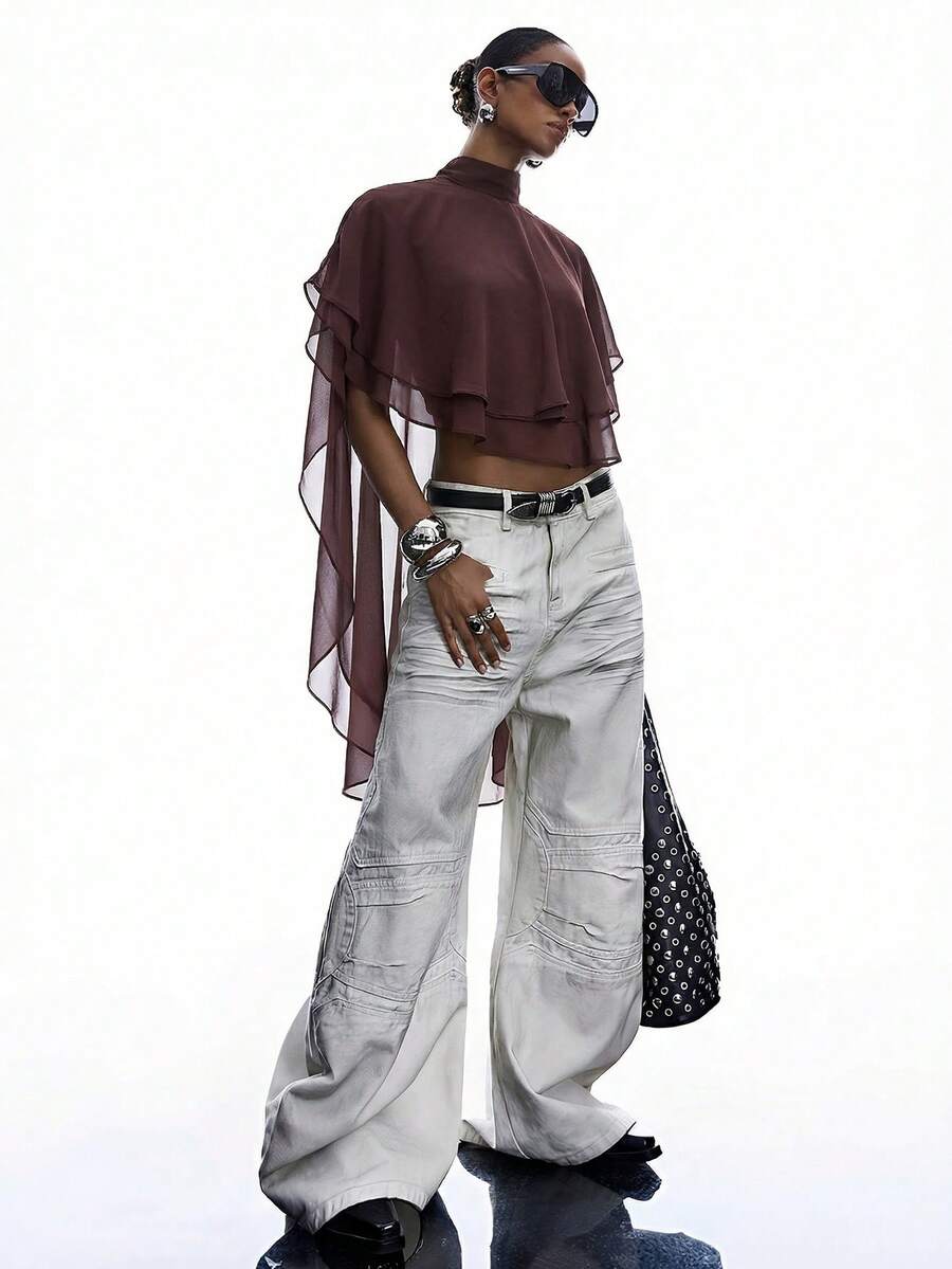 LYSMO 2026新款极简主义棕色丝带不对称下摆Y2K 2000年代风格休闲上衣，春夏款 - 棕色 - 查看 1