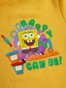 SpongeBob SquarePants | SHEIN 男童字母卡通印花圆领短袖T恤搭配抽绳裤，休闲日常穿搭 - 彩色 - 查看 4