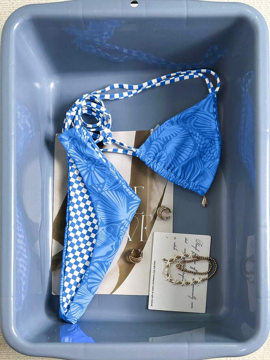 Swim Mod 2026SS New Women's Swimwear Arrival For Holiday, Date, Western, Cruise, Beach, Island, Road Trip, All Seasons, Music Festival, Boho Vacation,Bohemian Vacation, Chill Autumn Boho Y2K Elegant Vintage Casual Spring/Summer Beach Vacation Blue Shell & Starfish Checkered Cute Sweet Bikini Set Zebra Bikini Set 2 Piece Set Zestiva Swimsuit Bathing Suit Accessories Swimwear Accessories - Baby Blue - View 1