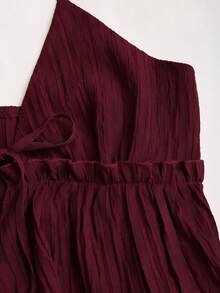 SHEIN Sweetro Women's Romantic Spaghetti Strap Camisole With Waist Tie And Ruffle Trim, Paired With Textured Elastic Waist Pants, 2-Piece Set - Burgundy - View 6