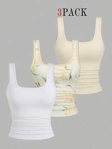 EMERY ROSE 3pcs Plus Size Women's Casual Solid Color & Full Printed Pattern Sleeveless Tank Top Set Tank Top, Summer - Multicolor - View 1