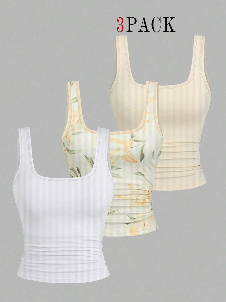 EMERY ROSE 3pcs Plus Size Women's Casual Solid Color & Full Printed Pattern Sleeveless Tank Top Set Tank Top, Summer - Multicolor - View 1