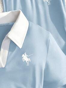 少女休闲撞色 Polo 领短袖 T 恤和裤子套装，夏季 - 彩色 - 查看 3