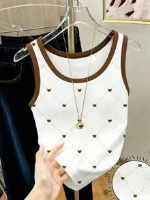 Resyla Camiseta de tirantes casual y versátil con cuello redondo y estampado de corazones para mujer - Blanco - Ver 1