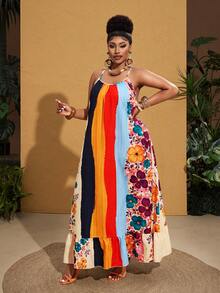 Maweii Plus Size Floral Print Spaghetti Strap Dress, Suitable For Beach Vacation, Spring/Summer - Multicolor - View 1