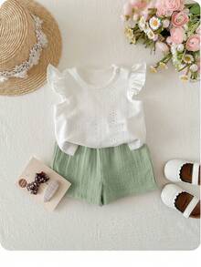 Bộ đồ liền thân mùa hè dễ thương cho bé sơ sinh gồm áo và quần short trắng, có chun co giãn. - Nhiều màu - Xem 8