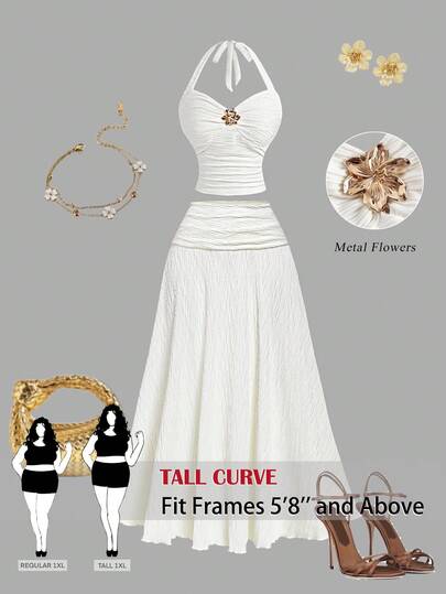 SHEIN Tall CURVE 大码女式金属3D花朵吊带上衣和迷你裙两件套