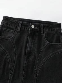 EMERY ROSE Plus Size Women's Spring/Summer Pocketed Button Casual Versatile Date/Travel Washed Denim Skirt - Black - View 6