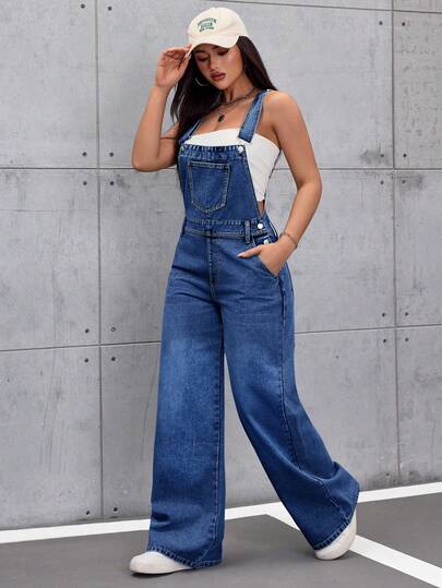 SHEIN Tall Solid Color Slant Pocket Casual Loose Denim Bib Pants For Women